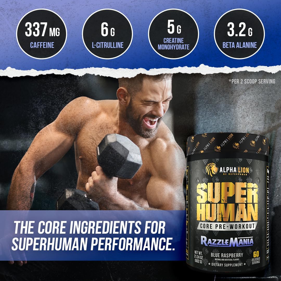 Alpha Lion Core Pre Workout with Creatine, Beta Alanine, L-Citrulline, and Tri-Source Caffeine for Performance and Energy (Razzle Mania, 60 Servings)