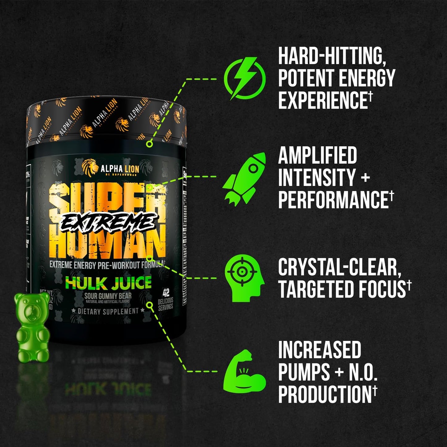 ALPHA LION Superhuman Extreme Pre Workout Powder, 21 Servings, Hulk Juice - Boost Energy, Focus, and Pump with Beta Alanine, L-Tyrosine, Tri-Source Caffeine, and Nitric Oxide.