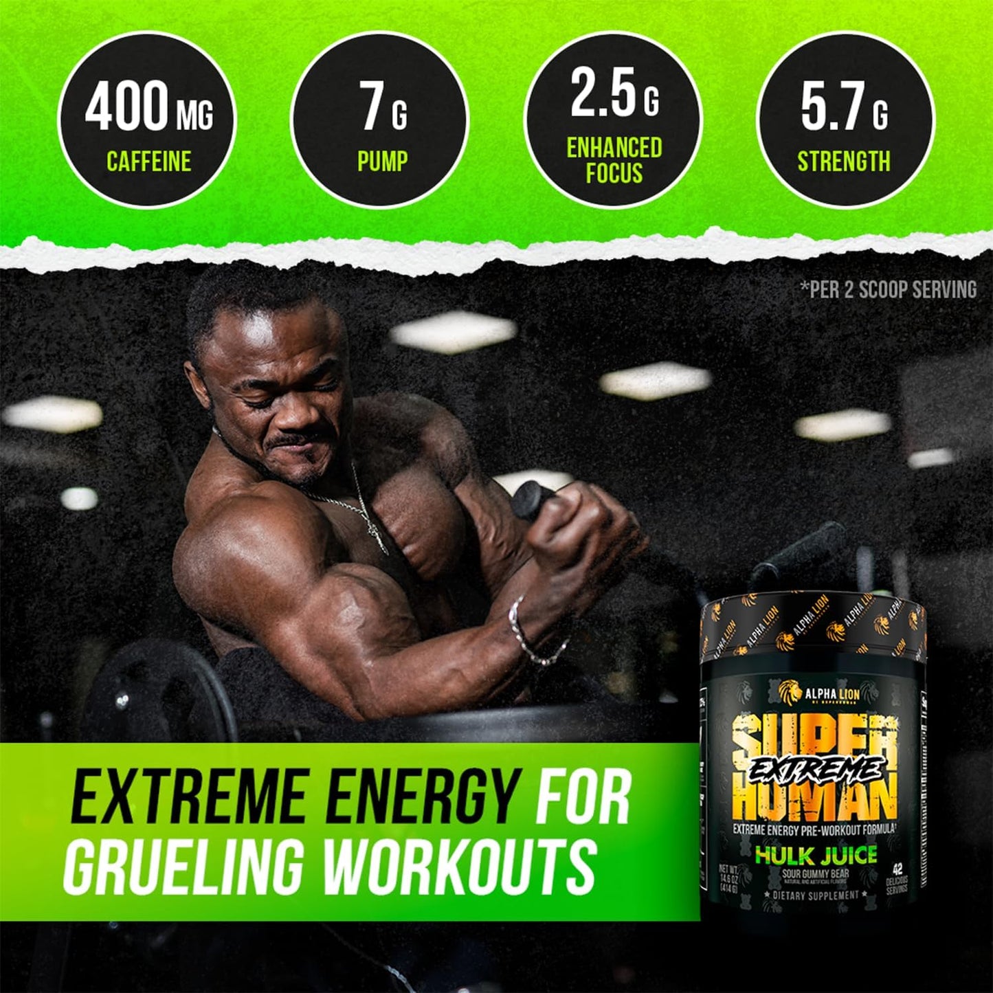 ALPHA LION Superhuman Extreme Pre Workout Powder, 21 Servings, Hulk Juice - Boost Energy, Focus, and Pump with Beta Alanine, L-Tyrosine, Tri-Source Caffeine, and Nitric Oxide.