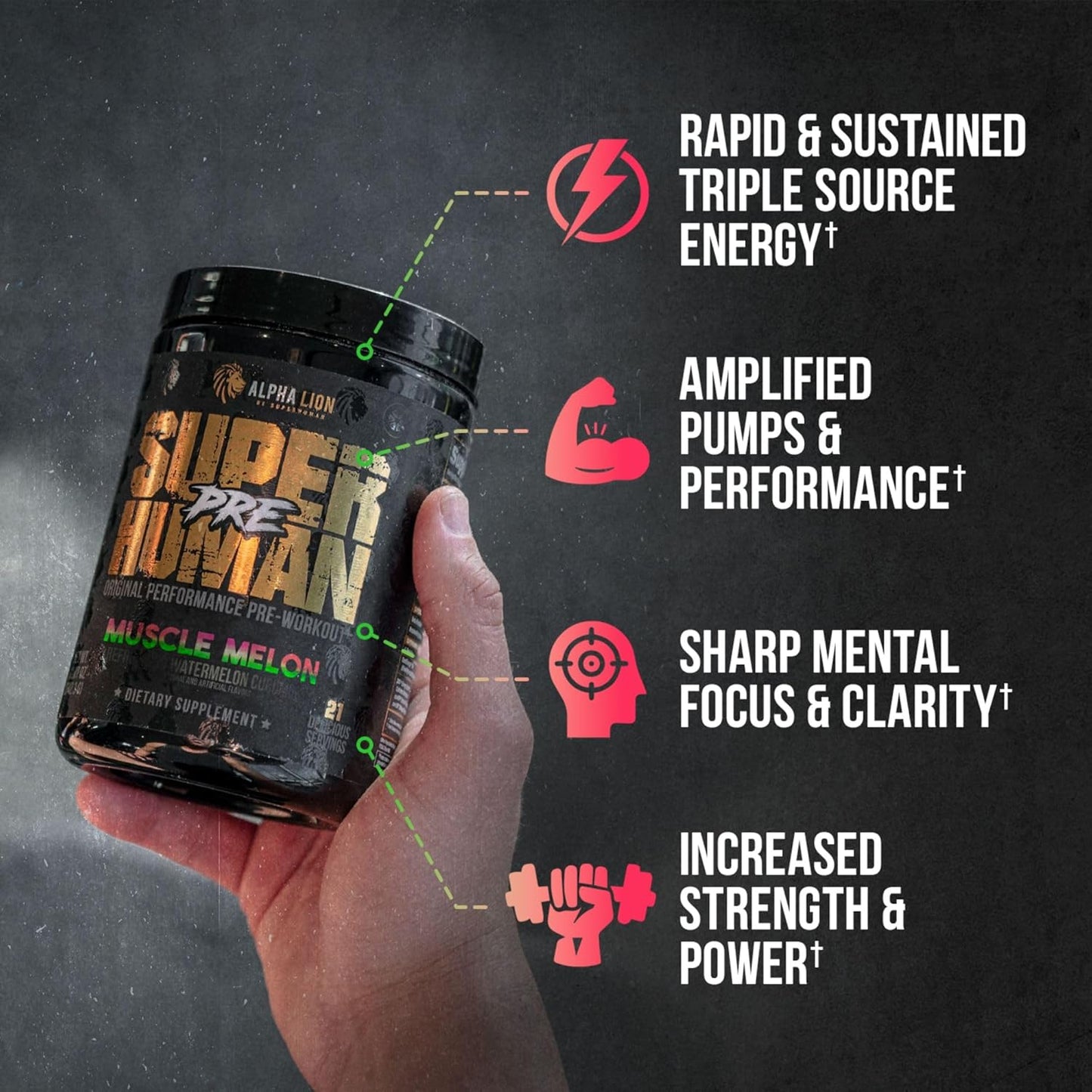 ALPHA LION Superhuman Pre Workout Powder with Beta Alanine, L-Taurine, Tri-Source Caffeine, Nitric Oxide, and Citrulline - Muscle Melon Flavor (21 Servings)