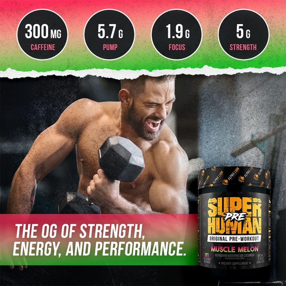 ALPHA LION Superhuman Pre Workout Powder with Beta Alanine, L-Taurine, Tri-Source Caffeine, Nitric Oxide, and Citrulline - Muscle Melon Flavor (21 Servings)