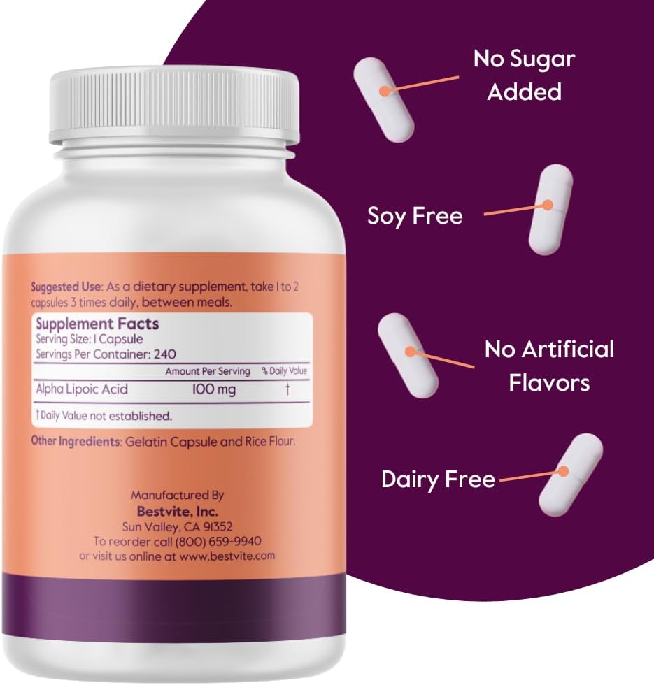 Alpha Lipoic Acid 100mg (240 Capsules) - GMO-Free & Gluten-Free Formula without Stearates or Flow Agents