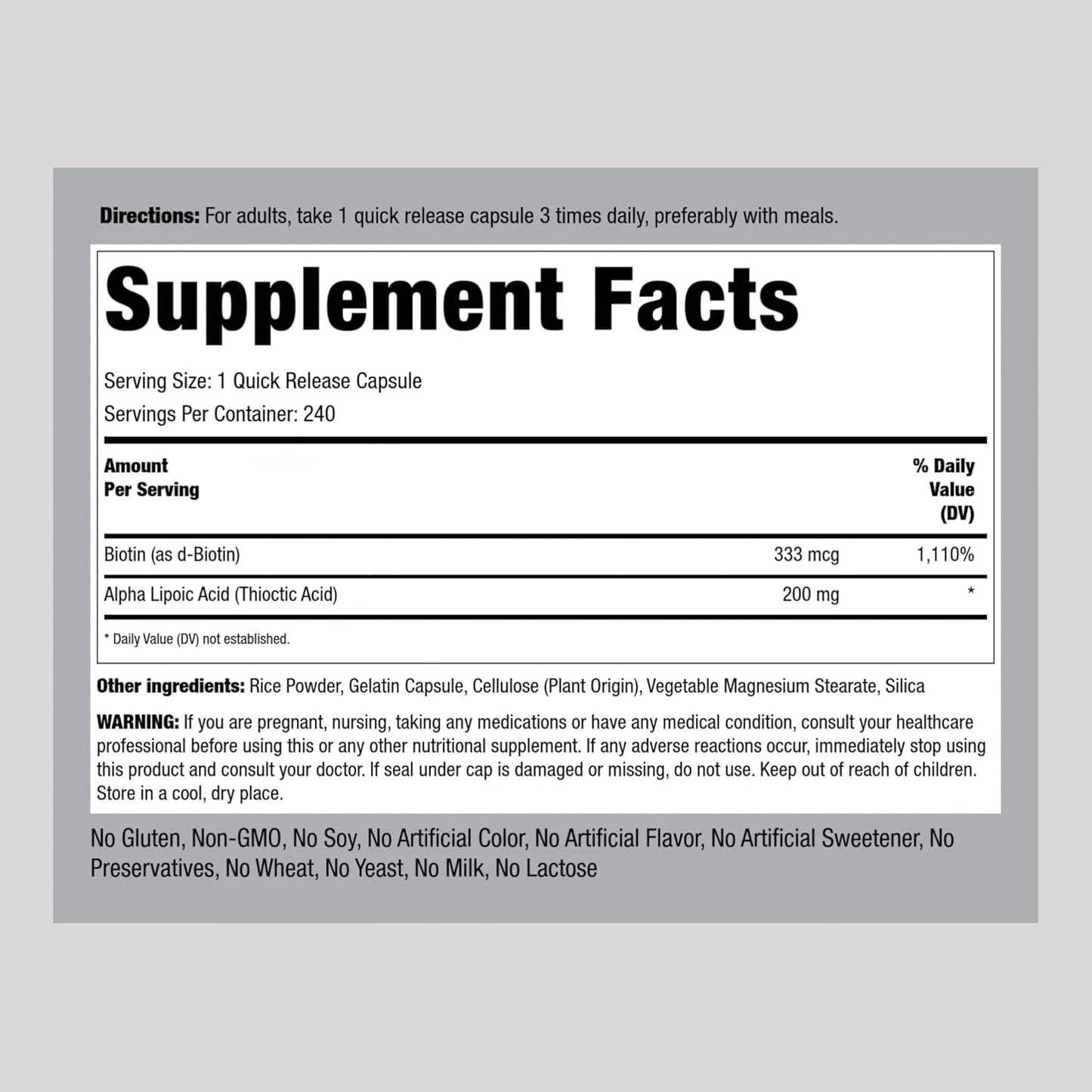 Alpha Lipoic Acid 200mg Capsules with Biotin | 240 Count | Non-GMO, Gluten Free