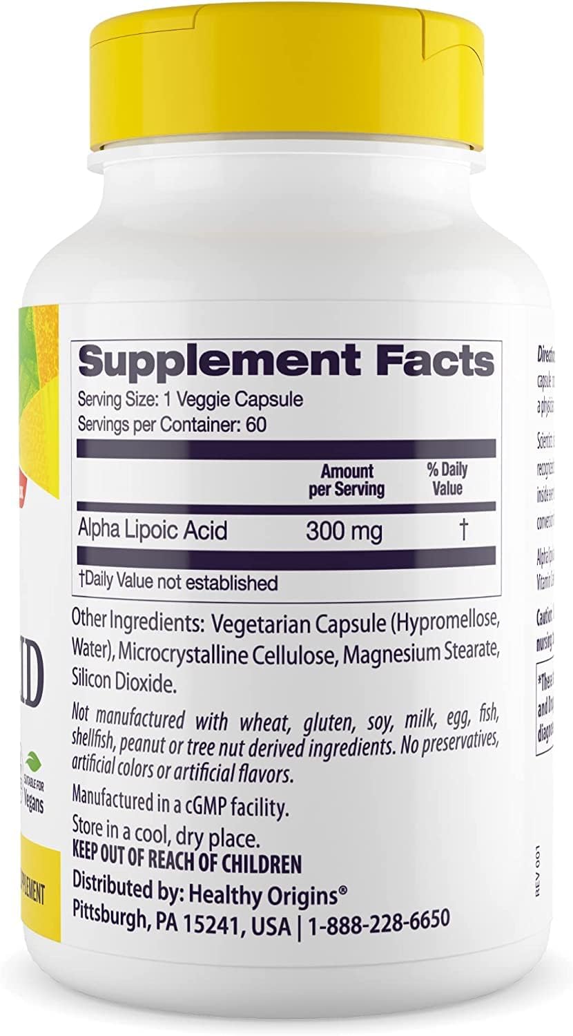 Alpha Lipoic Acid 300mg Supplement - Metabolism Support, Antioxidant, Non-GMO, Gluten Free, Vegan - 60 Capsules