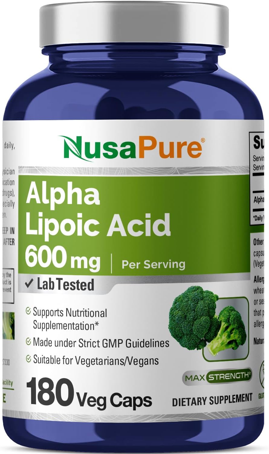 Alpha Lipoic Acid 600mg - 180 Veggie Capsules - Vegetarian, Non-GMO, Gluten-Free - NusaPure