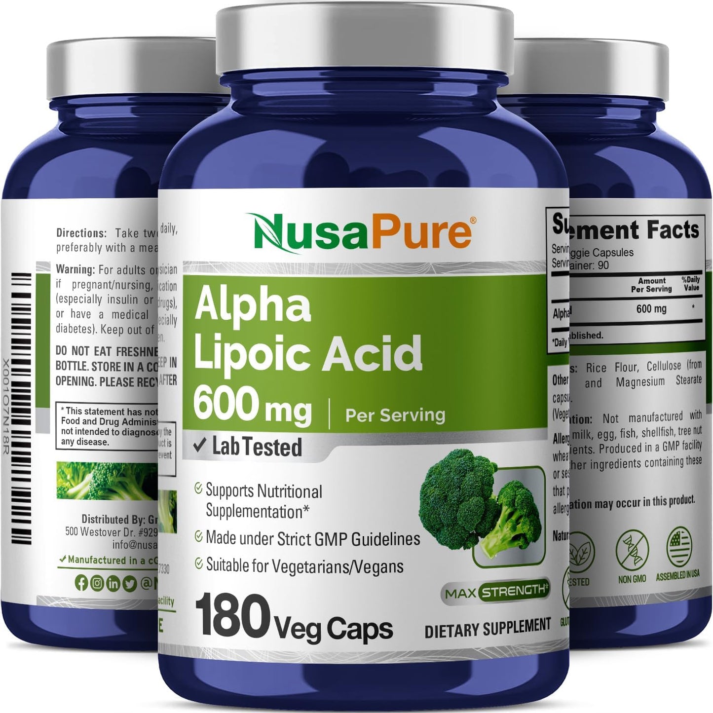 Alpha Lipoic Acid 600mg - 180 Veggie Capsules - Vegetarian, Non-GMO, Gluten-Free - NusaPure