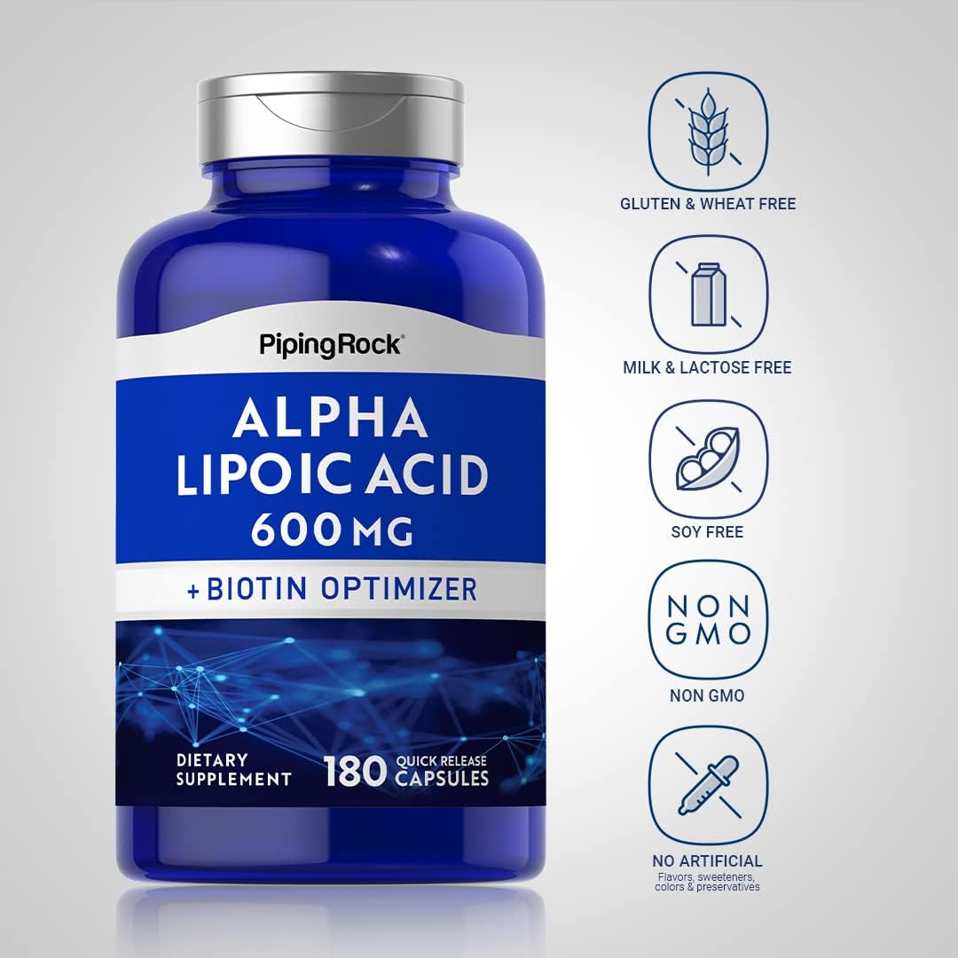 Alpha Lipoic Acid 600mg Capsules with Biotin Optimizer - Non-GMO & Gluten Free Supplement - 180 Count
