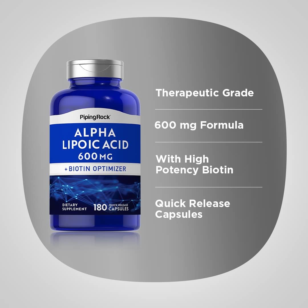 Alpha Lipoic Acid 600mg Capsules with Biotin Optimizer - Non-GMO & Gluten Free Supplement - 180 Count