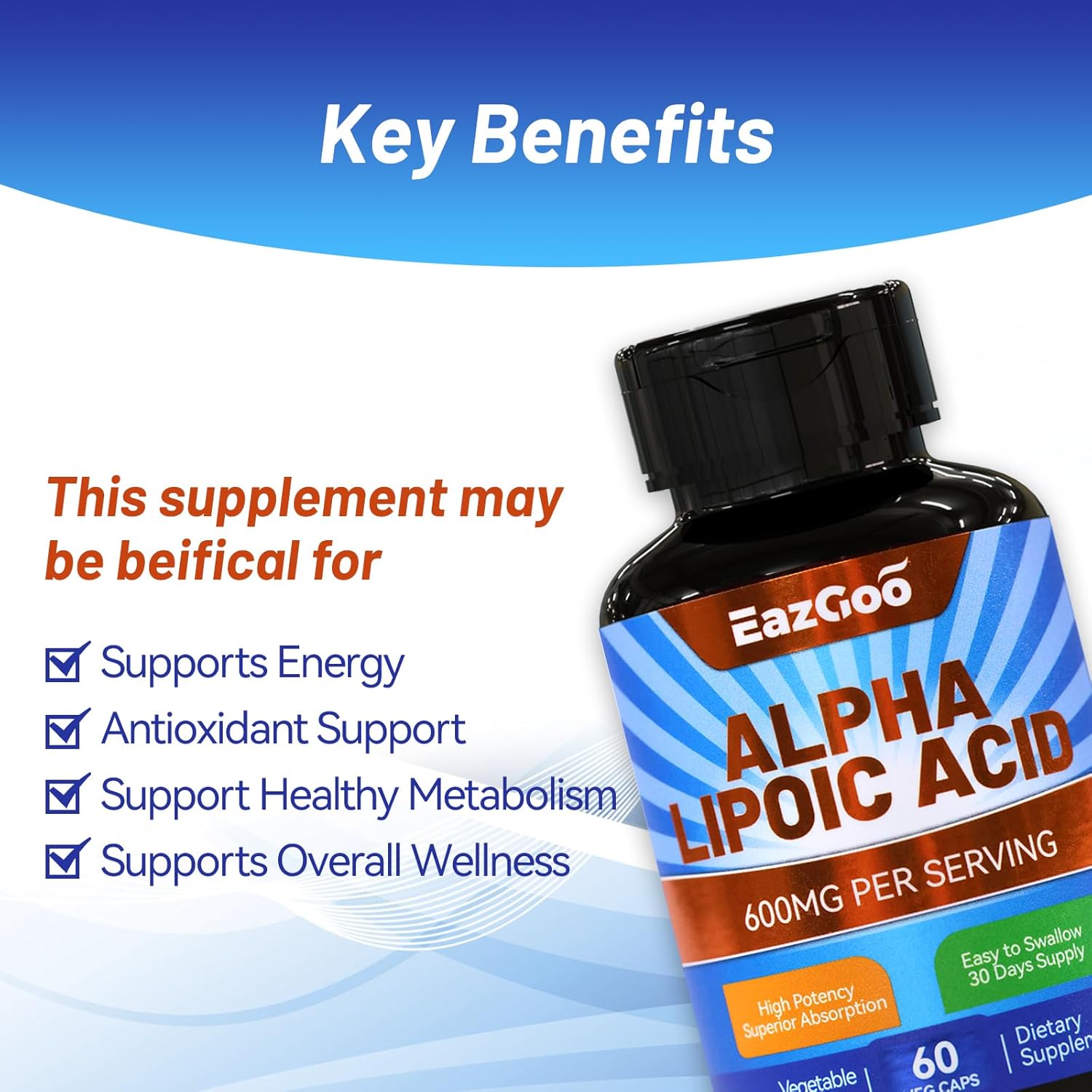 Alpha Lipoic Acid 600mg Supplement - Vegan & Gluten Free - Non-GMO ALA - 60 Capsules