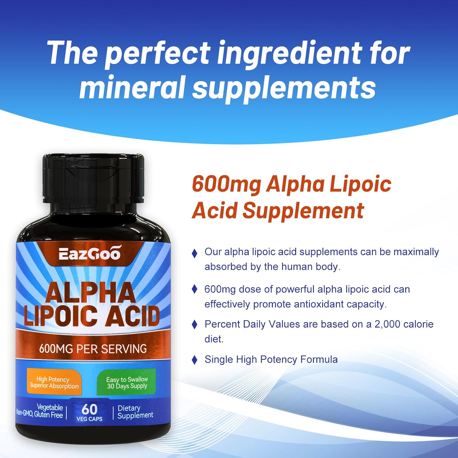 Alpha Lipoic Acid 600mg Supplement - Vegan & Gluten Free - Non-GMO ALA - 60 Capsules