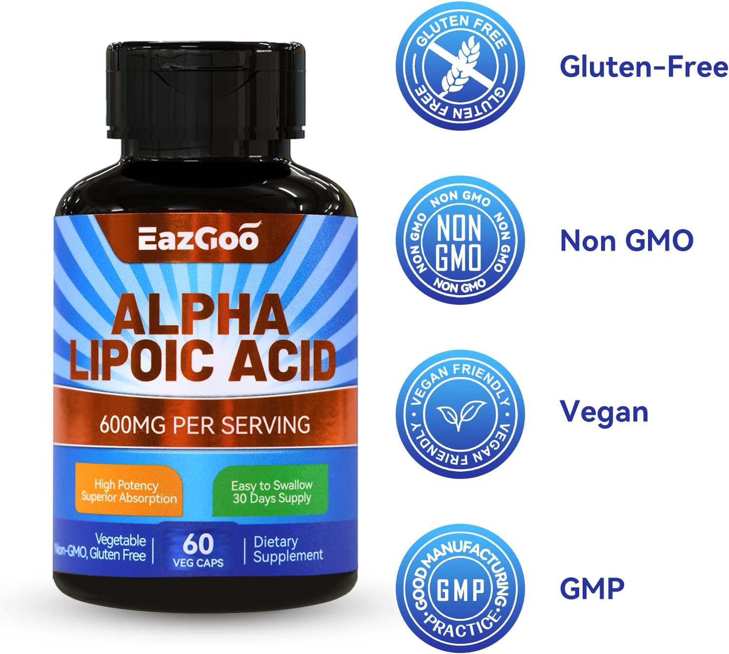 Alpha Lipoic Acid 600mg Supplement - Vegan & Gluten Free - Non-GMO ALA - 60 Capsules