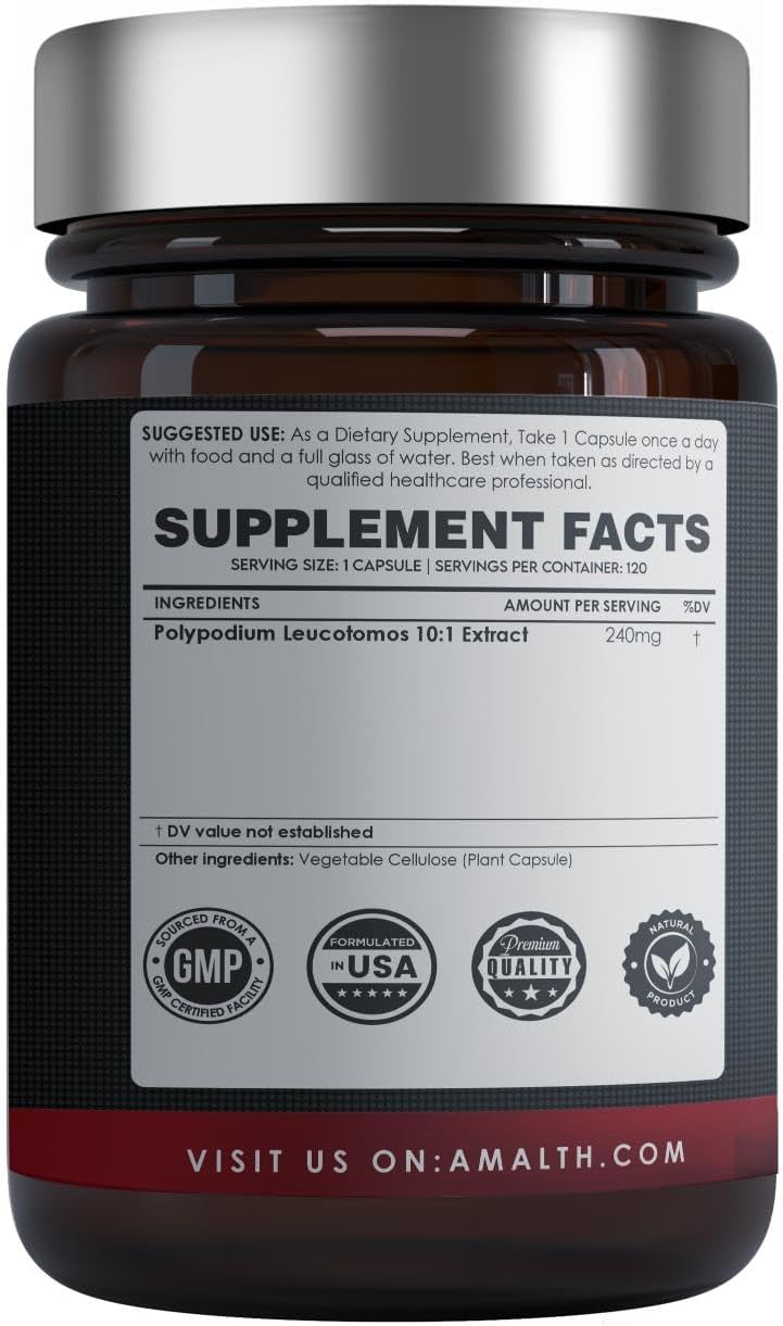 AMALTH Polypodium Leucotomos Extract Capsules - Antioxidant Supplement for Healthy Skin - 120 Count (Non-GMO, Gluten Free) - BoostGo Australia