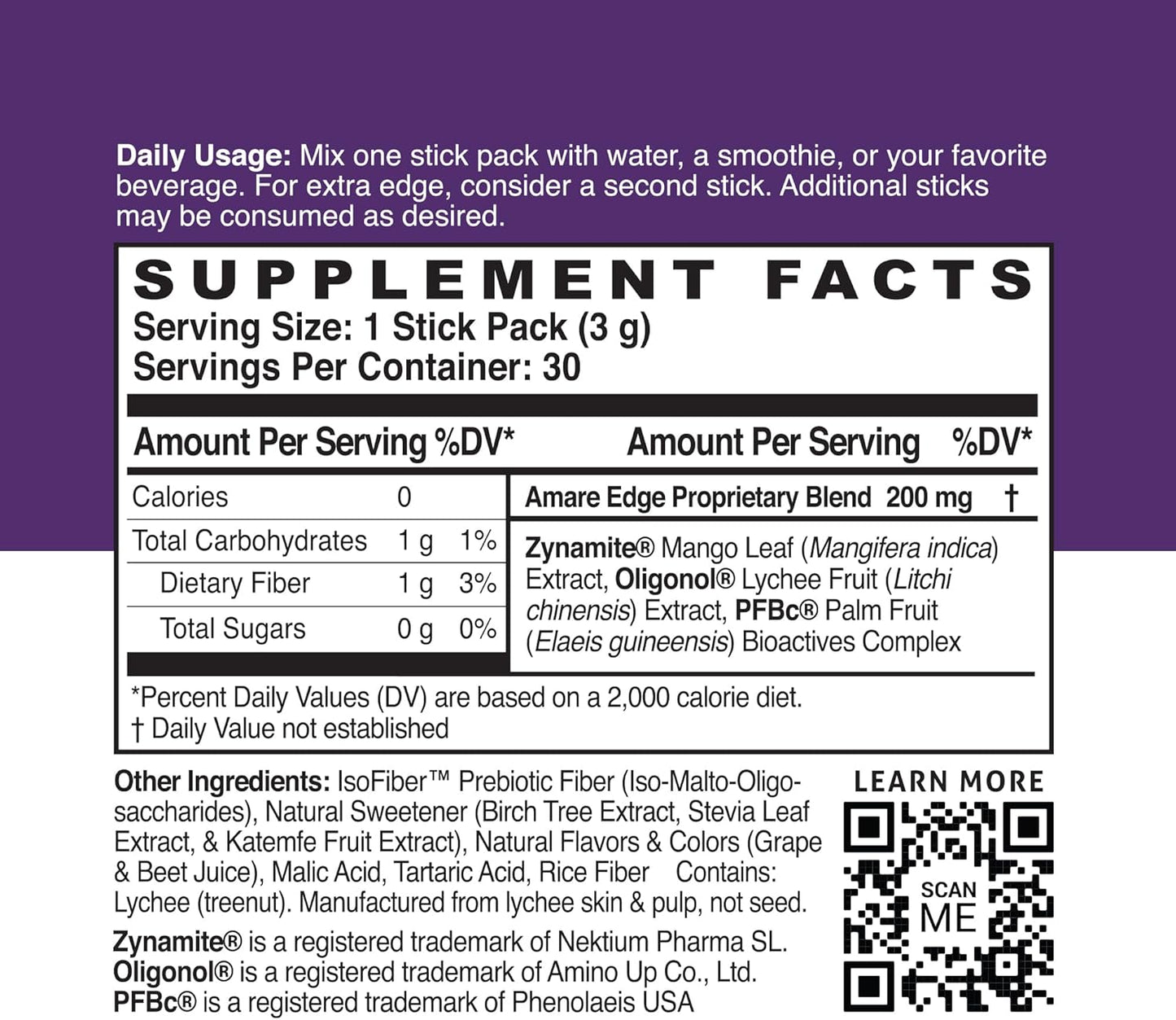 Amare Edge™ Plant Based Nootropic Powder Drink - Grape Flavor, 30 Servings for Endurance and Motivation