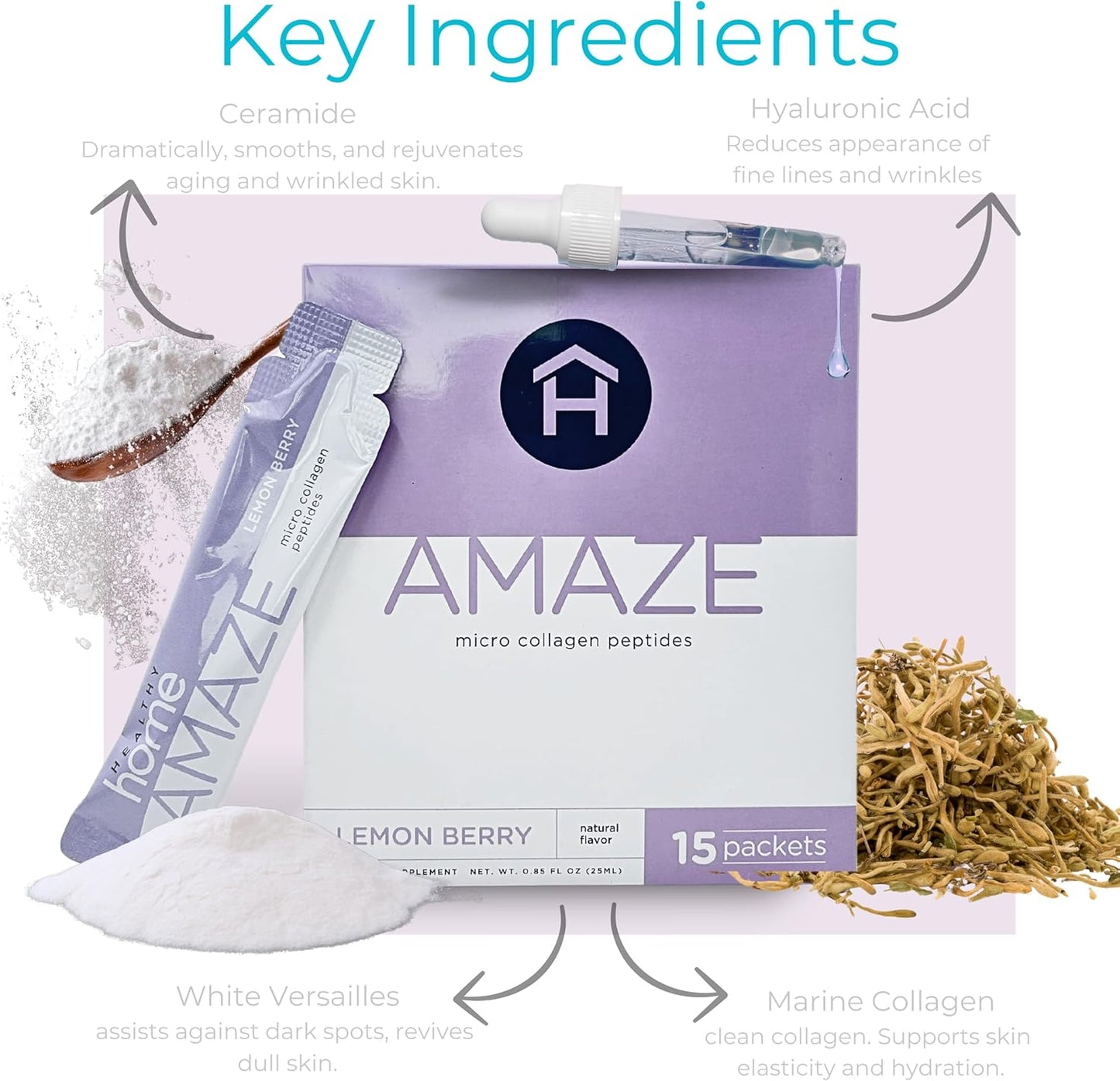Amaze Collage Micro Collagen Peptides Lemon Berry - Marine Collagen & Hyaluronic Acid for Skin, Hair, Joints - 15 Servings