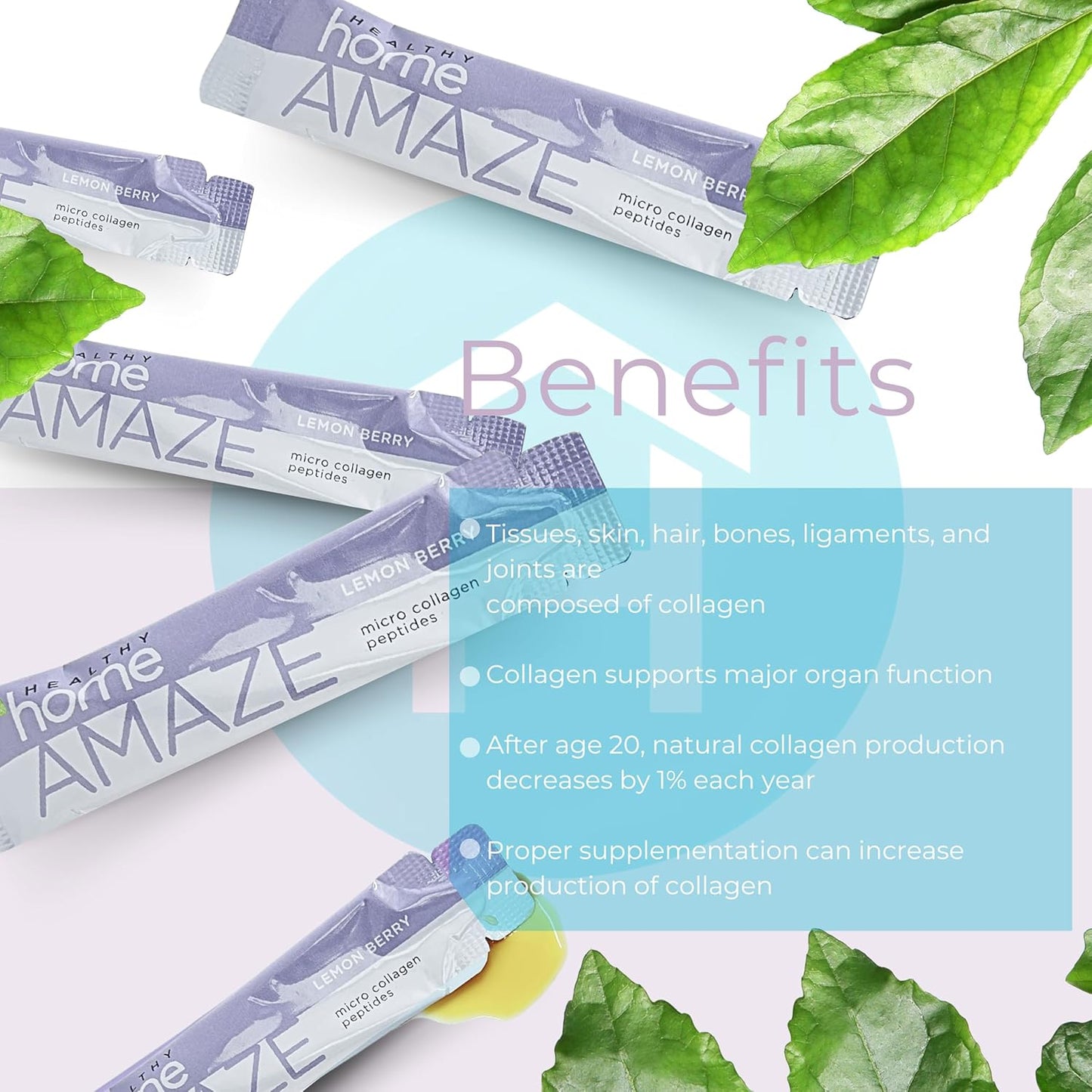 Amaze Collage Micro Collagen Peptides Lemon Berry - Marine Collagen & Hyaluronic Acid for Skin, Hair, Joints - 15 Servings