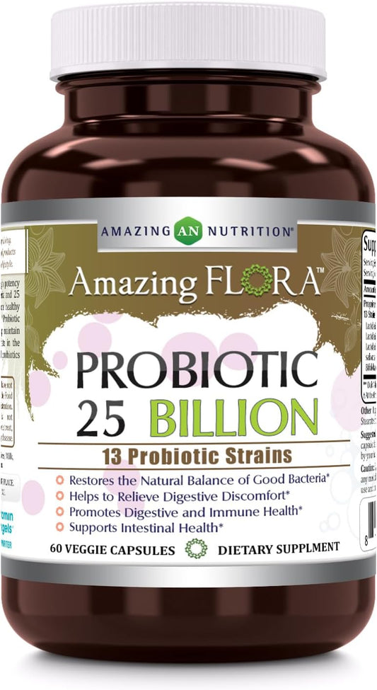 Amazing Flora Probiotic 13 with 25 Billion CFU - 60 Veggie Capsules | Non-GMO, Gluten Free, Vegetarian | USA Made