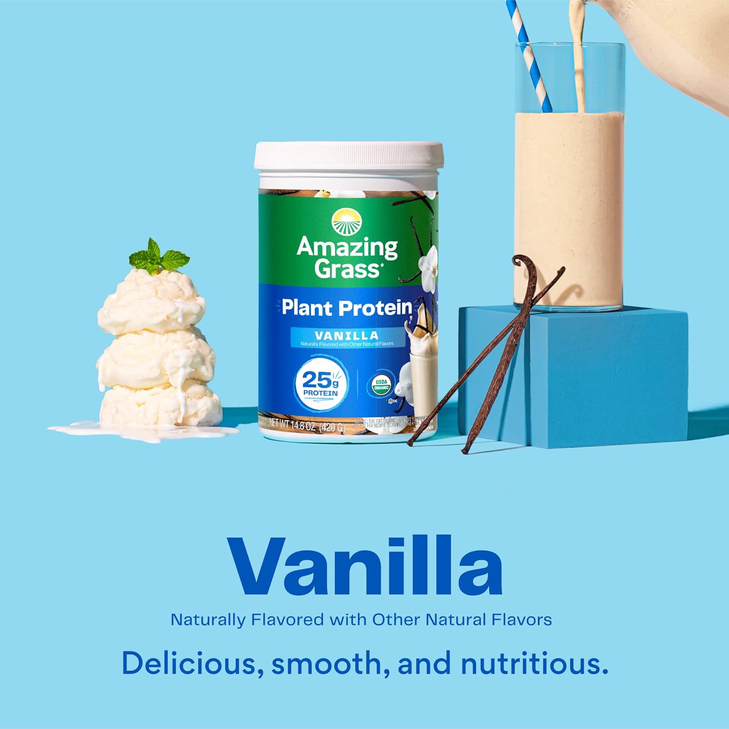 Amazing Grass Creamy Vanilla Vegan Protein Powder - 50g Protein Organic Plant Based Blend, Dairy, Gluten & Soy Free (20 Servings)