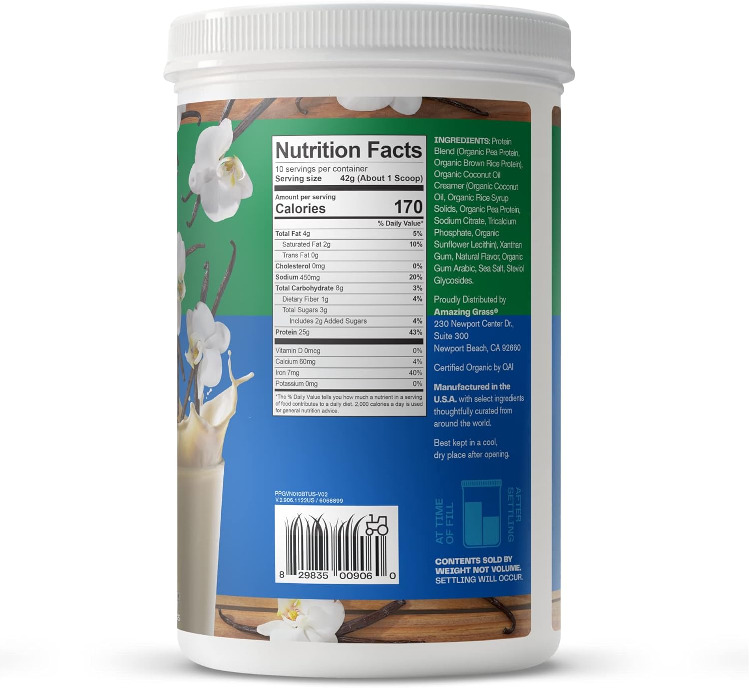 Amazing Grass Creamy Vanilla Vegan Protein Powder - 50g Protein Organic Plant Based Blend, Dairy, Gluten & Soy Free (20 Servings)