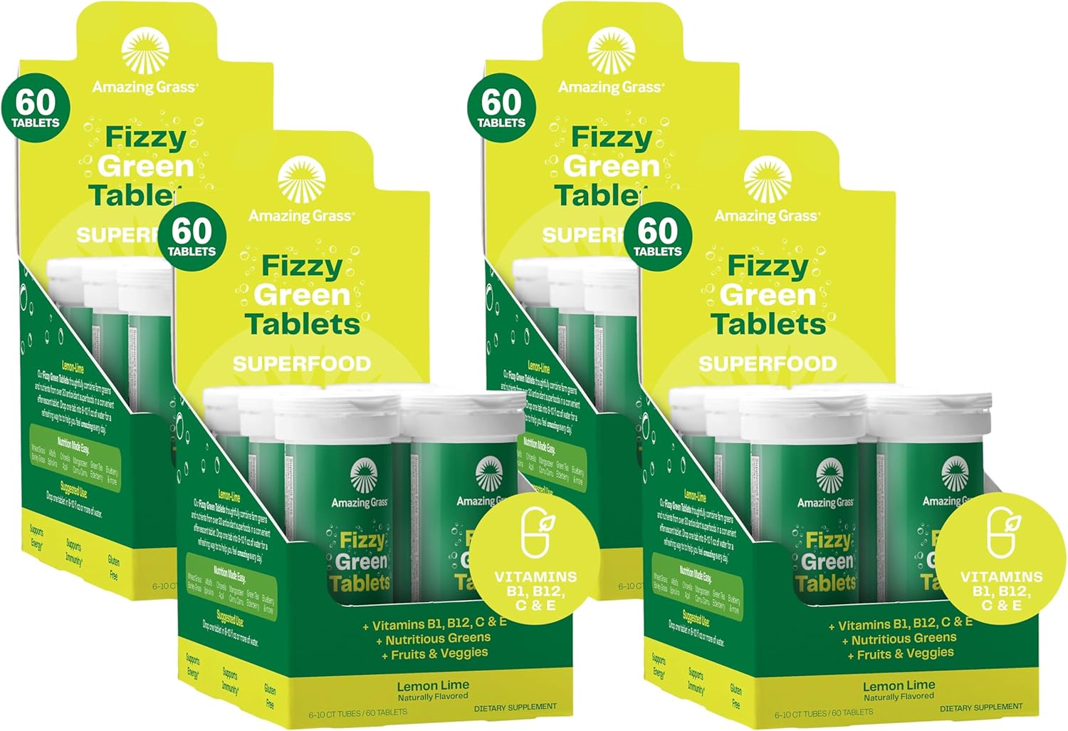 Amazing Grass Fizzy Green Superfood Lemon Lime Tablets - Antioxidants & Alkalizing Greens - 60 Count x 4