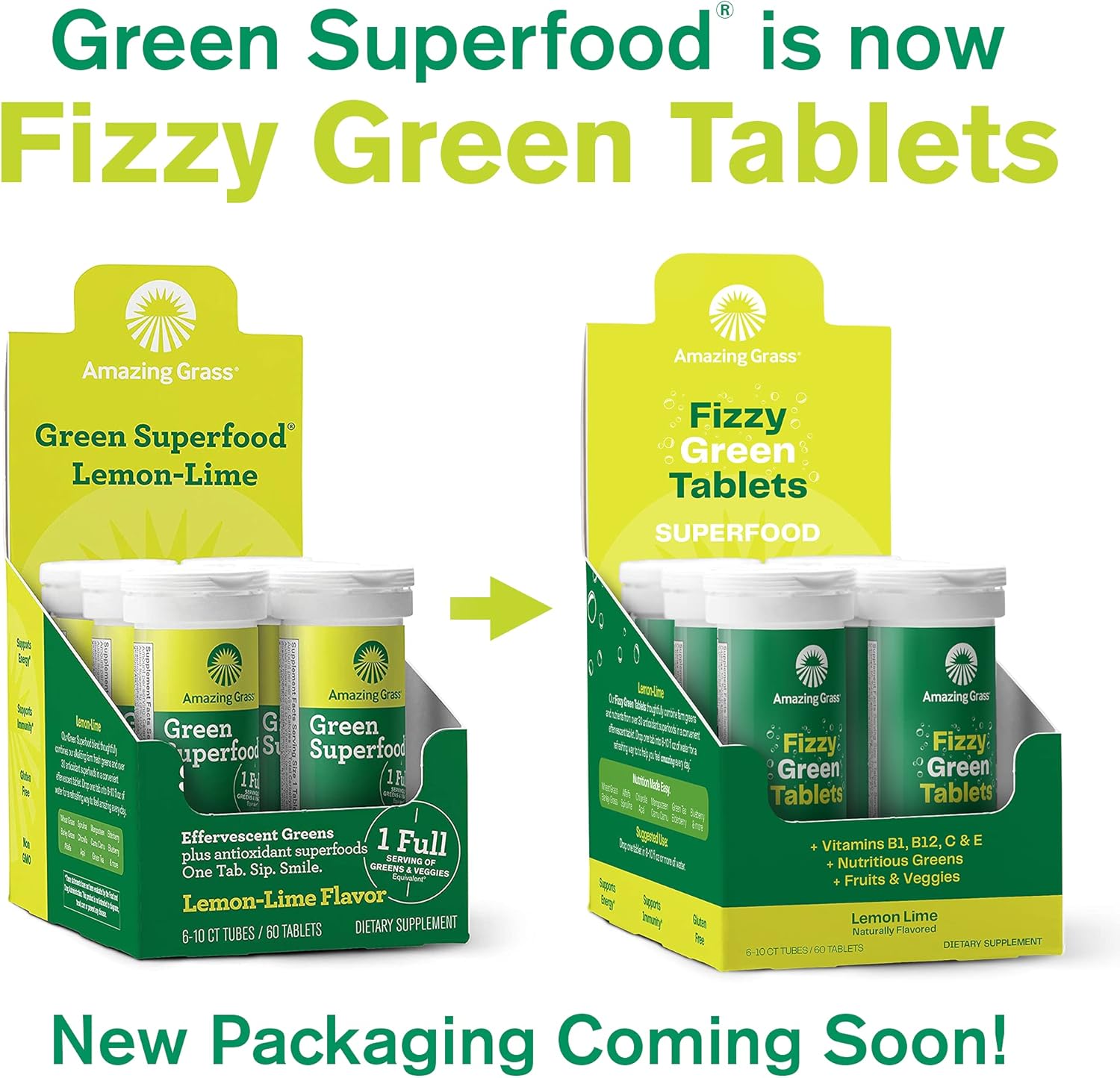Amazing Grass Fizzy Green Superfood Lemon Lime Tablets - Antioxidants & Alkalizing Greens - 60 Count x 4