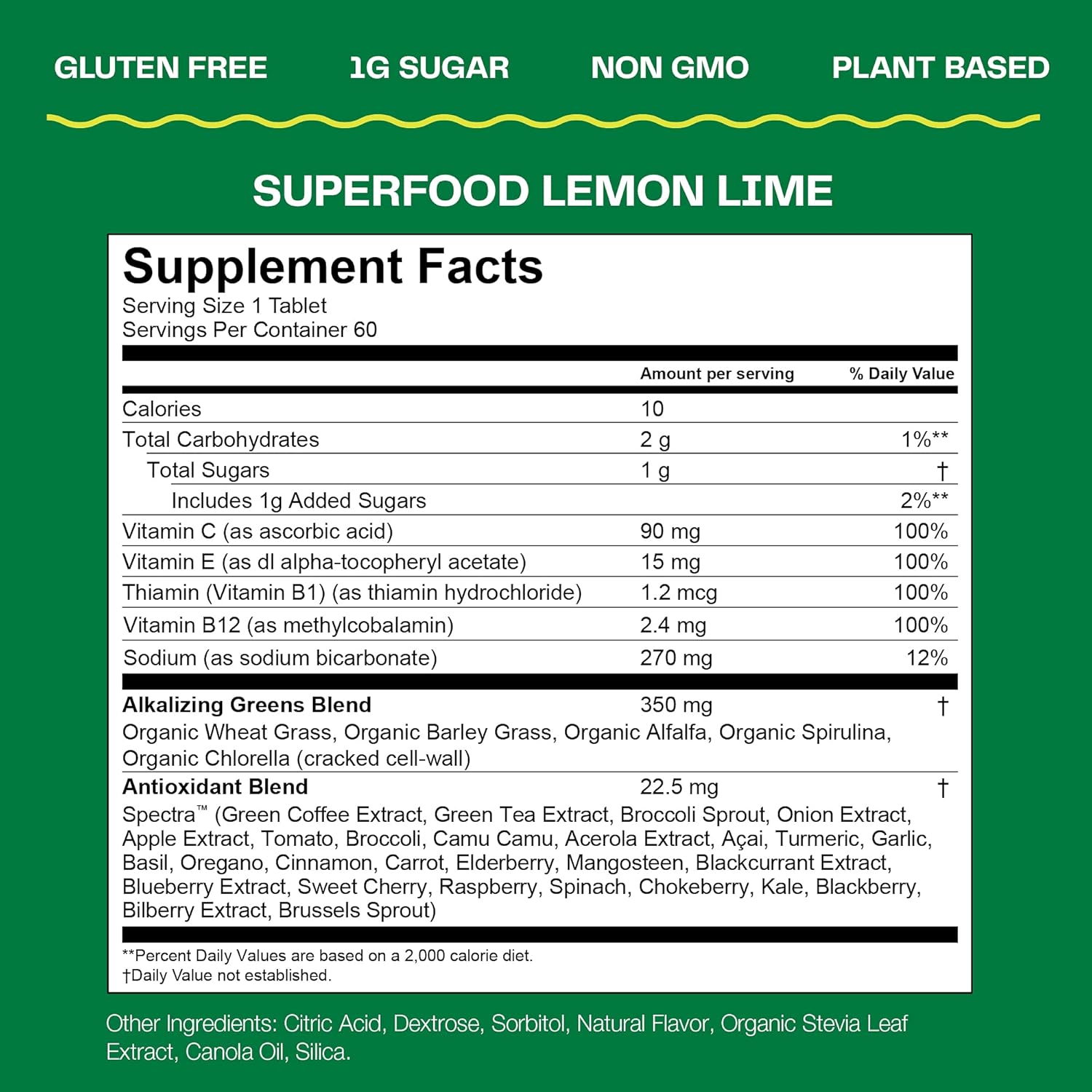 Amazing Grass Fizzy Green Superfood Lemon Lime Tablets - Antioxidants & Alkalizing Greens - 60 Count x 4