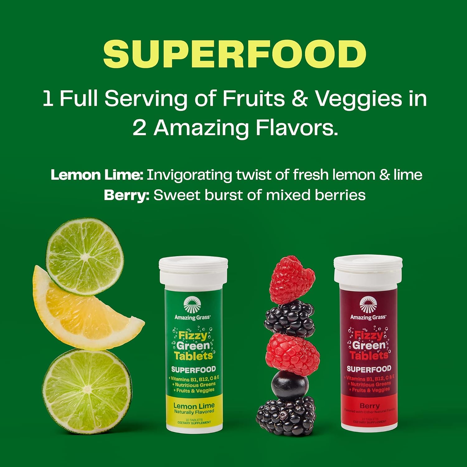 Amazing Grass Fizzy Green Superfood Lemon Lime Tablets - Antioxidants & Alkalizing Greens - 60 Count x 4