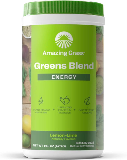 Amazing Grass Greens Blend Energy: Super Greens Smoothie Mix with Plant Based Caffeine, Matcha Green Tea, Beet Root Powder - Lemon Lime Flavor, 60 Servings