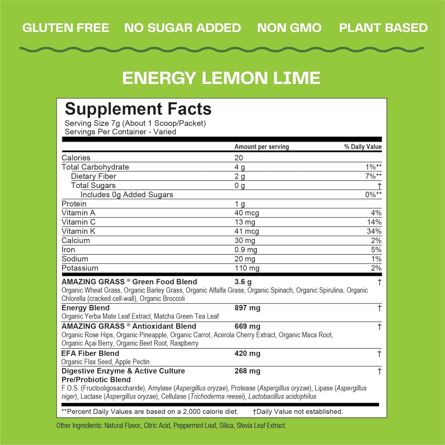Amazing Grass Greens Blend Energy: Super Greens Smoothie Mix with Plant Based Caffeine, Matcha Green Tea, Beet Root Powder - Lemon Lime Flavor, 60 Servings