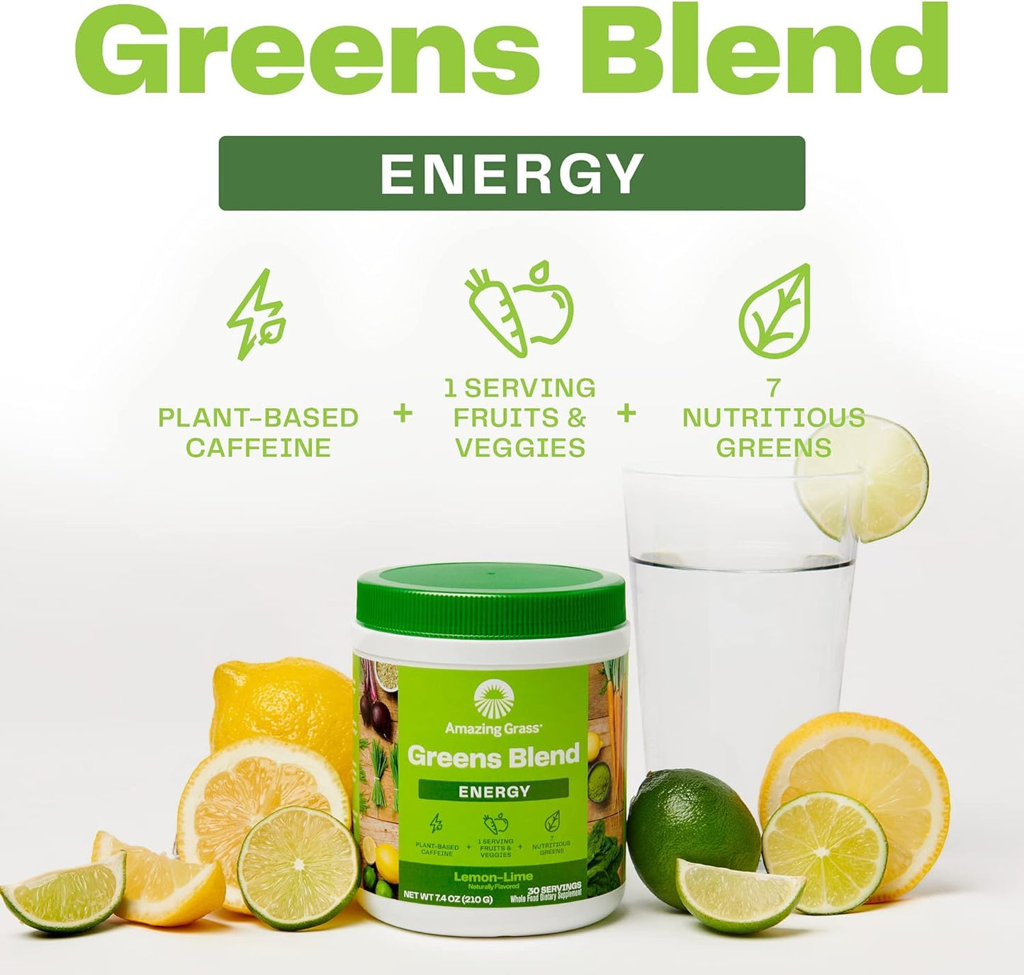 Amazing Grass Greens Blend Energy: Super Greens Smoothie Mix with Plant Based Caffeine, Matcha Green Tea, Beet Root Powder - Lemon Lime Flavor, 60 Servings