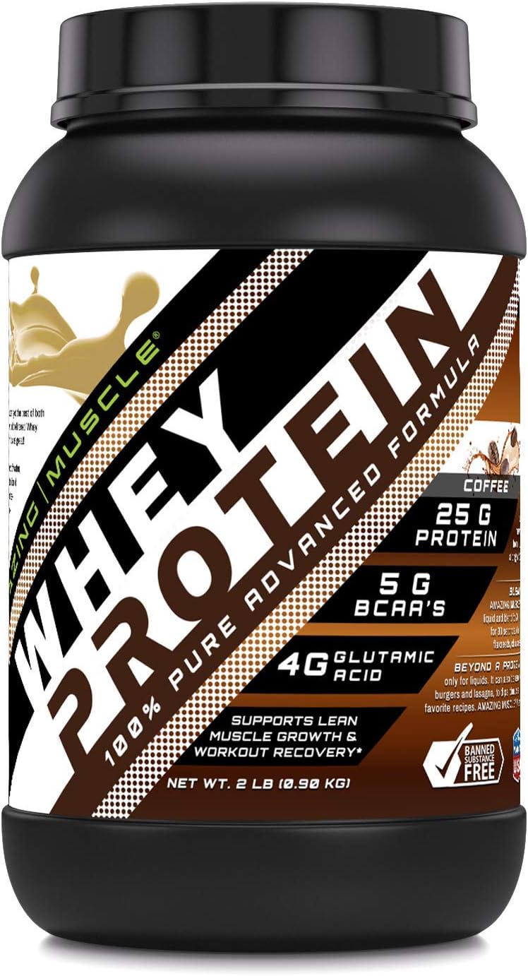 Amazing Muscle Whey Protein Isolate & Concentrate Powder - Coffee Flavor - 25g per Serving - 2 LB (0.90 Kg) - Non-GMO & Gluten-Free