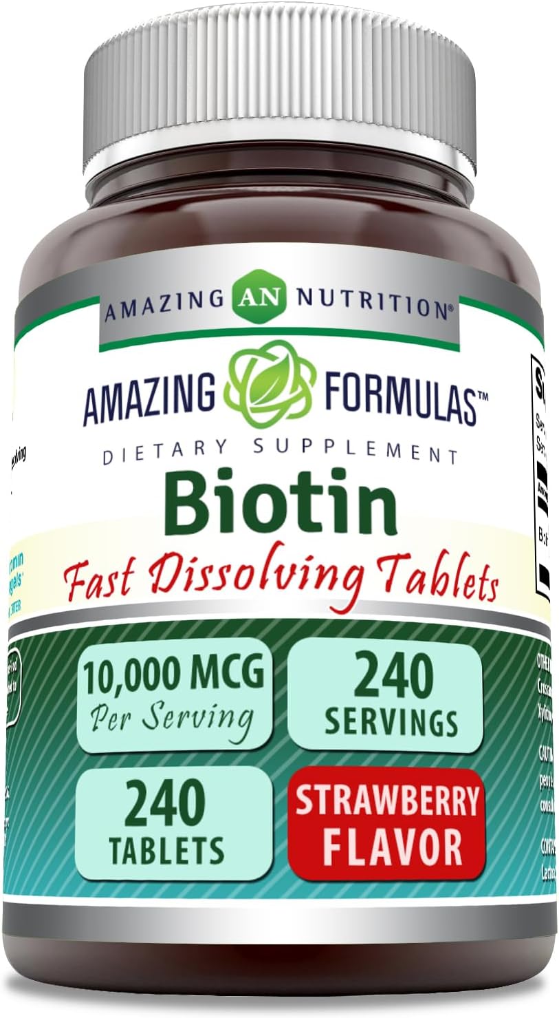 Amazing Nutrition Amazing Formulas Biotin 10,000 mcg Fast Dissolve Tablets 240 Count - Non-GMO Gluten Free USA Made Strawberry Flavor