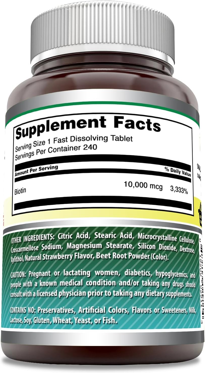Amazing Nutrition Amazing Formulas Biotin 10,000 mcg Fast Dissolve Tablets 240 Count - Non-GMO Gluten Free USA Made Strawberry Flavor
