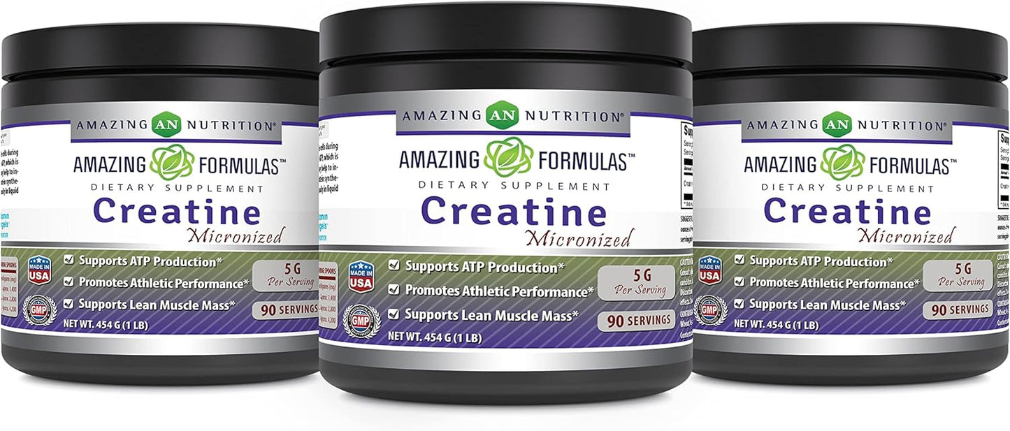 Amazing Nutrition Amazing Formulas Micronized Creatine Monohydrate Supplement - 5000 Mg - Non-GMO - Gluten Free - Made in USA - 1 Lb (3 Pack, Unflavored)