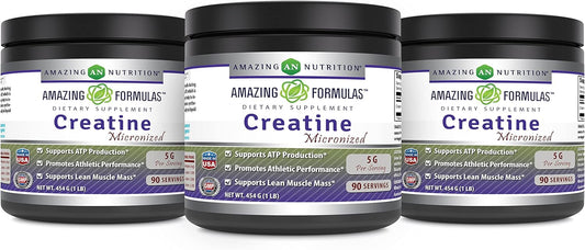 Amazing Nutrition Amazing Formulas Micronized Creatine Monohydrate Supplement - 5000 Mg - Non-GMO - Gluten Free - Made in USA - 1 Lb (3 Pack, Unflavored)