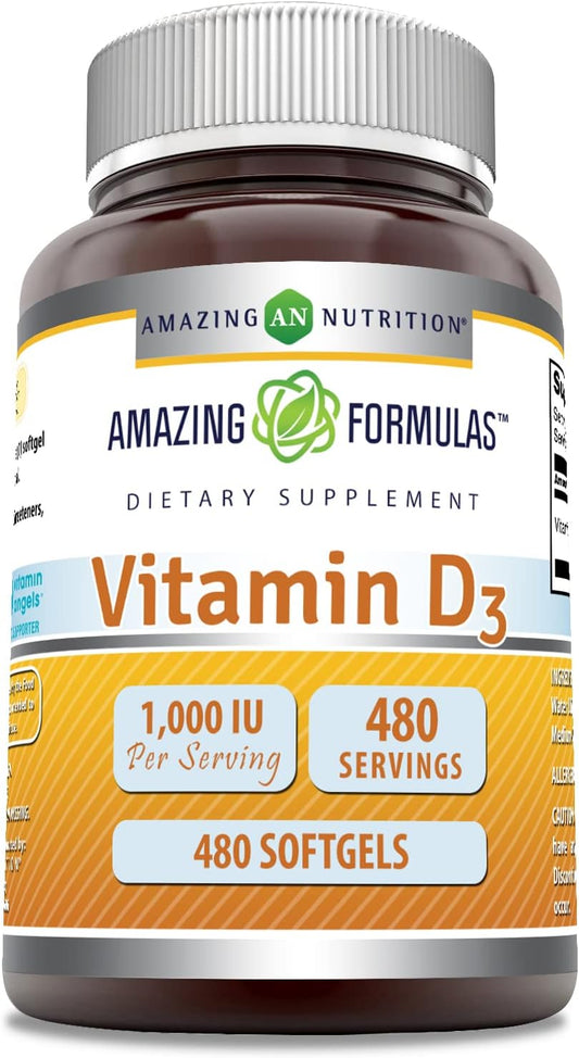 Amazing Nutrition Amazing Formulas Vitamin D3 Supplement | 1000 IU | 480 Softgels | Non-GMO | Gluten Free | Made in USA