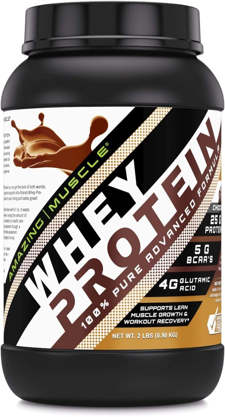 Amazing Nutrition Amazing Muscle 100% Whey Protein Powder - Chocolate, 2 lb - Advanced Formula with Whey Protein Isolate and Ultra Filtered Concentrate