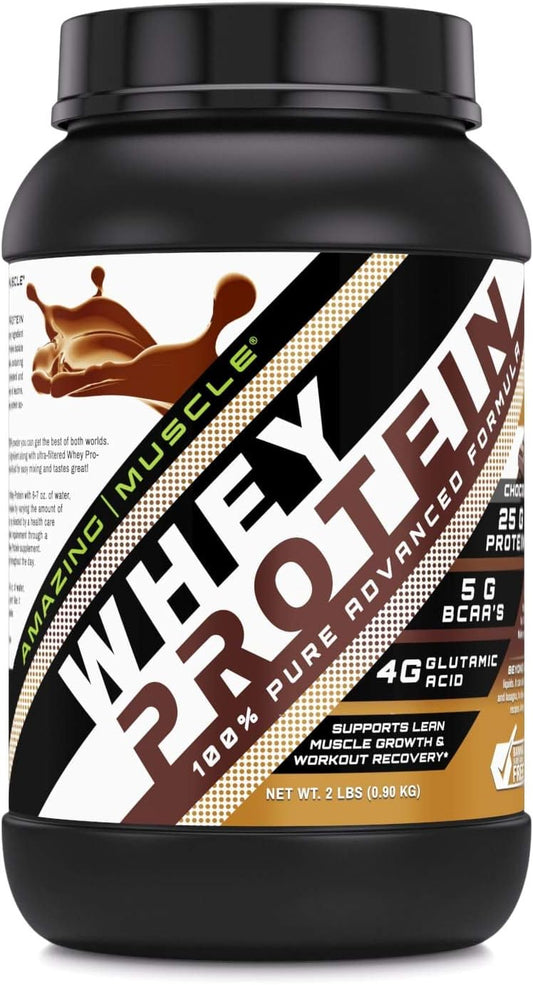 Amazing Nutrition Amazing Muscle 100% Whey Protein Powder - Chocolate, 2 lb - Advanced Formula with Whey Protein Isolate and Ultra Filtered Concentrate