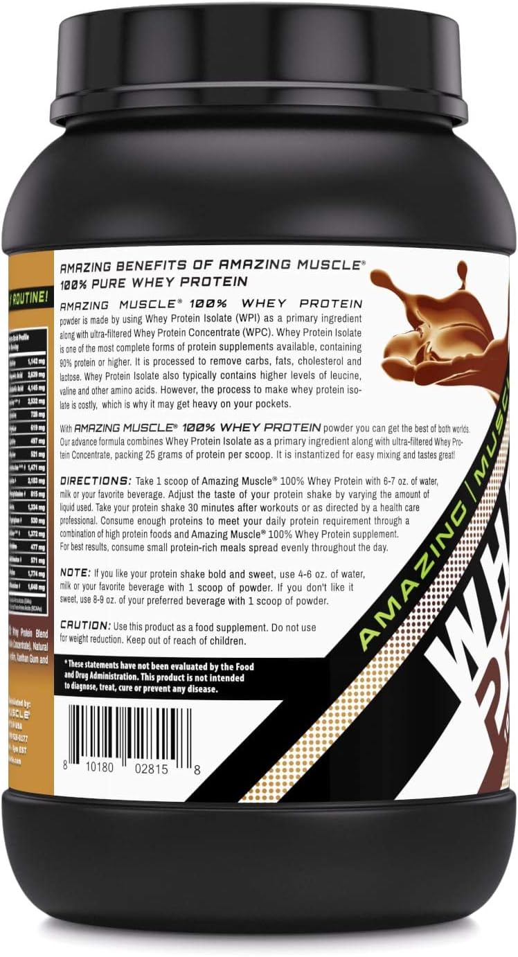 Amazing Nutrition Amazing Muscle 100% Whey Protein Powder - Chocolate, 2 lb - Advanced Formula with Whey Protein Isolate and Ultra Filtered Concentrate