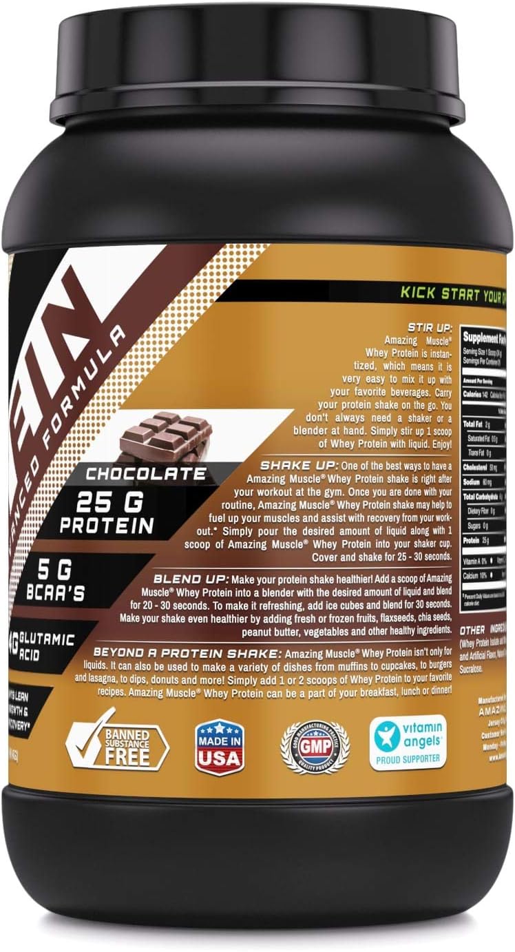 Amazing Nutrition Amazing Muscle 100% Whey Protein Powder - Chocolate, 2 lb - Advanced Formula with Whey Protein Isolate and Ultra Filtered Concentrate