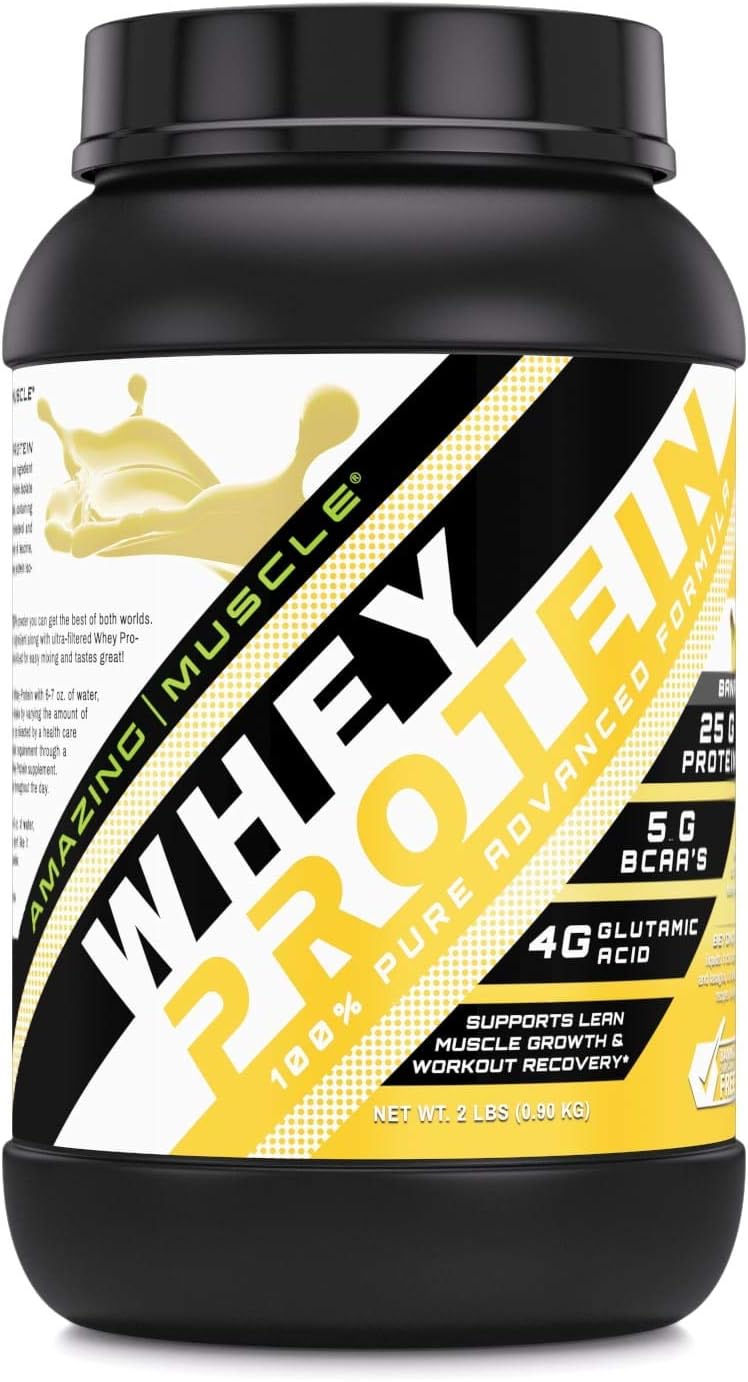Amazing Nutrition Amazing Muscle Banana Whey Protein Powder - 2 lb - Advanced Formula with Whey Protein Isolate and Ultra Filtered Whey Protein Concentrate
