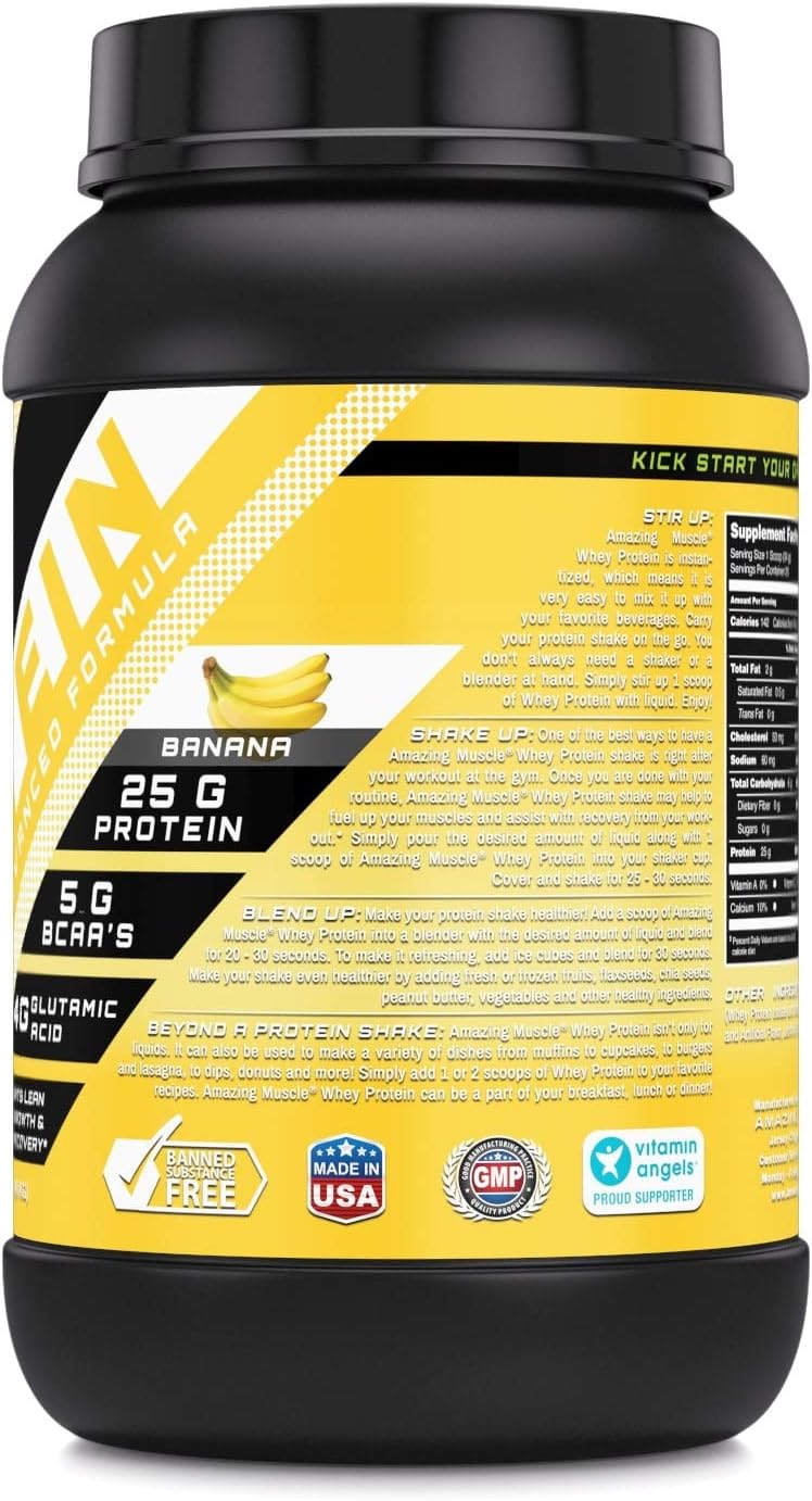 Amazing Nutrition Amazing Muscle Banana Whey Protein Powder - 2 lb - Advanced Formula with Whey Protein Isolate and Ultra Filtered Whey Protein Concentrate