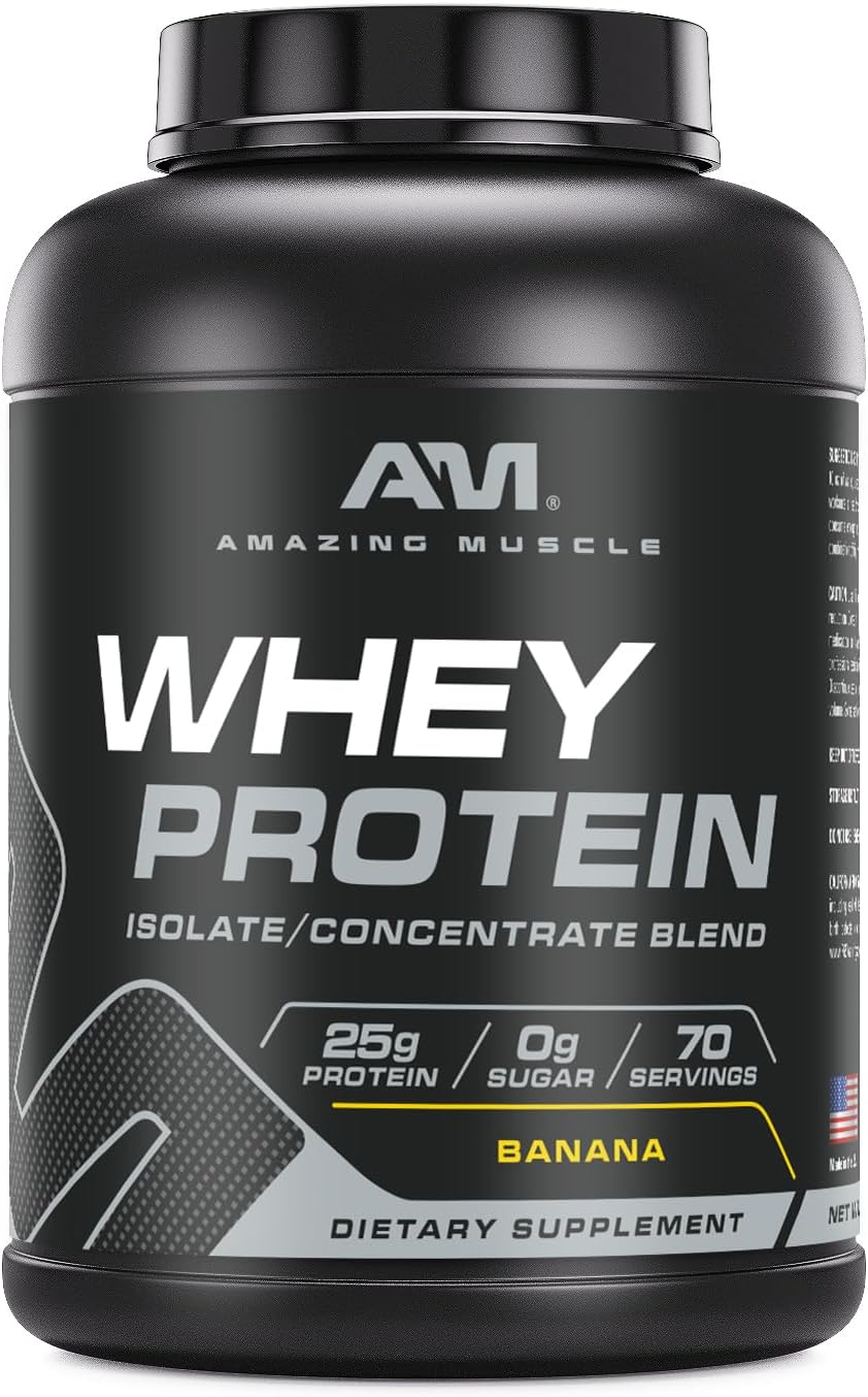 Amazing Nutrition Amazing Muscle Whey Protein Powder - Banana Flavor, 5 lb - Advanced Formula with Whey Protein Isolate and Ultra Filtered Whey Protein Concentrate - 100% Protein Source