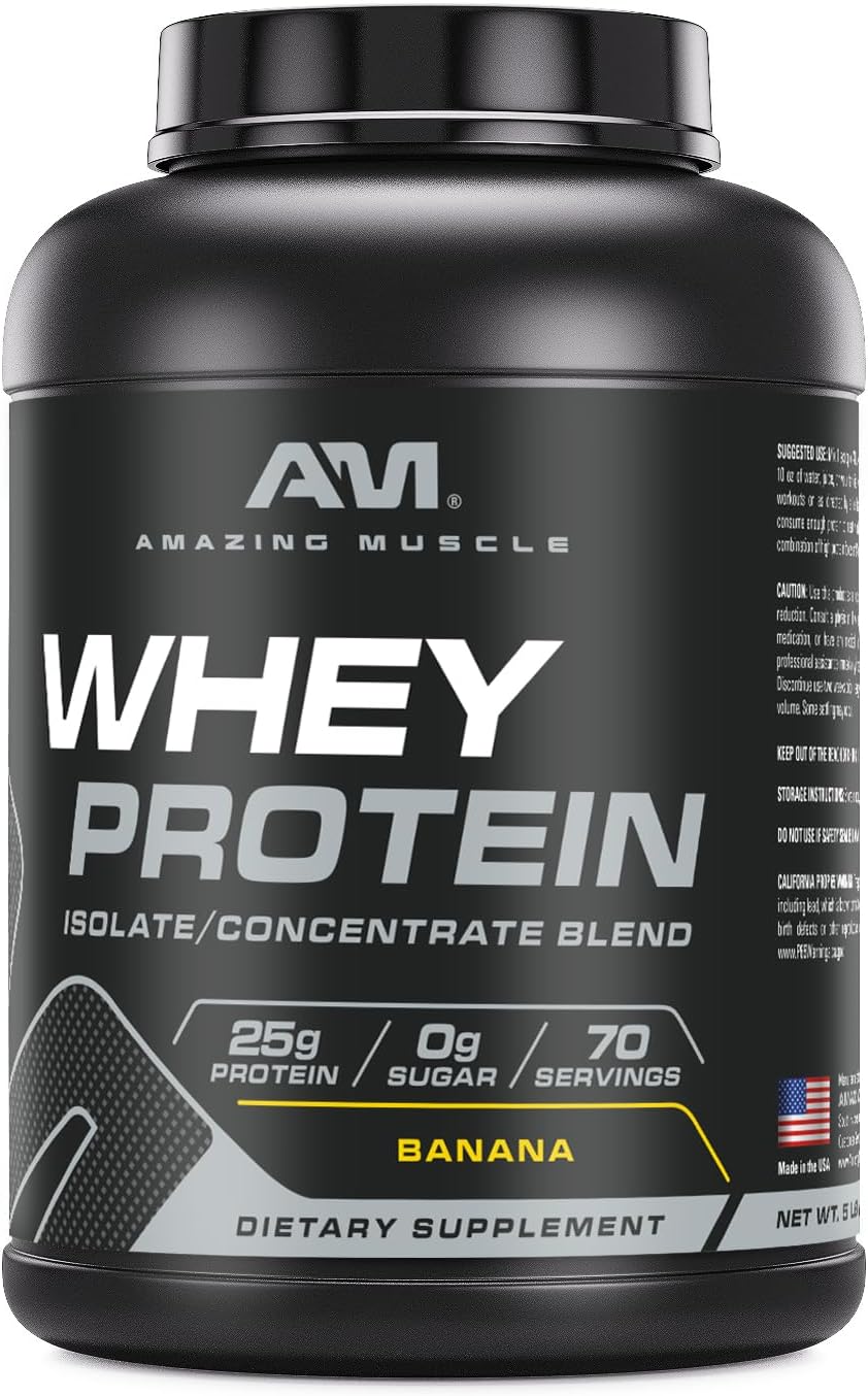 Amazing Nutrition Amazing Muscle Whey Protein Powder - Banana Flavor, 5 lb - Advanced Formula with Whey Protein Isolate and Ultra Filtered Whey Protein Concentrate - 100% Protein Source