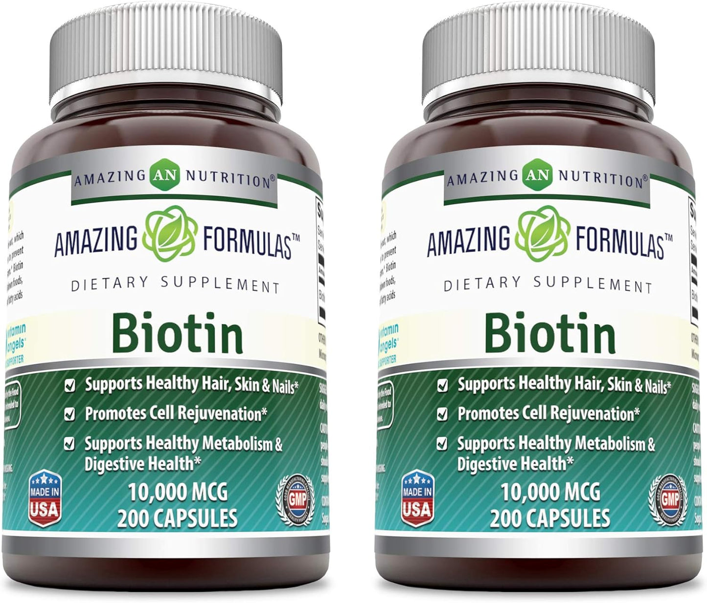 Amazing Nutrition Biotin 10000 mcg Veggie Capsules - Vitamin B7 Supplement - Non-GMO, Gluten Free - Made in USA (200 Count x 2)