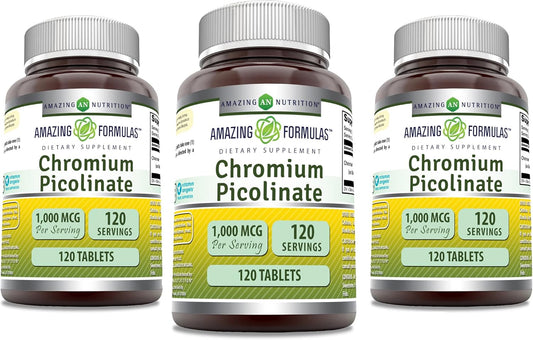 Amazing Nutrition Chromium Picolinate 1000 Mcg Tablets - Non-GMO, Gluten Free, Made in USA - 3 Pack, 120 Count