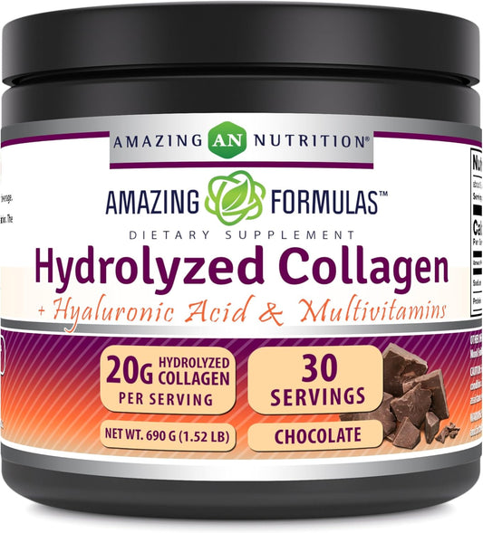 Amazing Nutrition Hydrolyzed Collagen with Hyaluronic Acid & Multivitamins Powder - Chocolate Flavor | 30 Servings | 660g