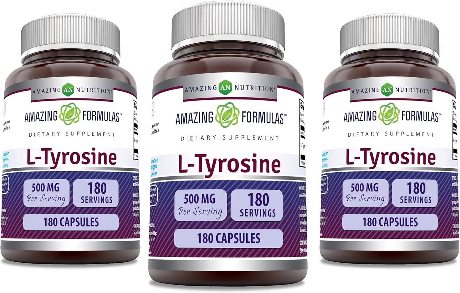 Amazing Nutrition L-Tyrosine 500mg Capsules - Amino Acid Supplement - Non-GMO - Gluten Free - Made in USA - 180 Count (3 Pack)