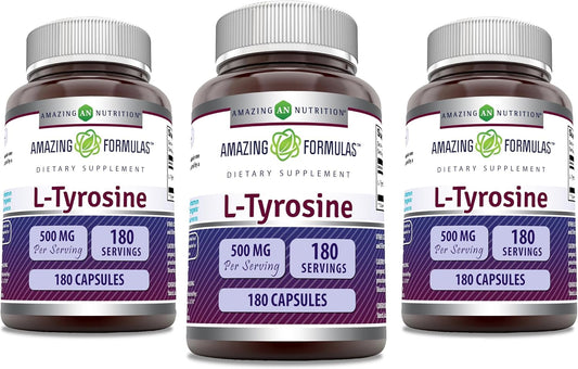 Amazing Nutrition L-Tyrosine 500mg Capsules - Amino Acid Supplement - Non-GMO - Gluten Free - Made in USA - 180 Count (3 Pack)