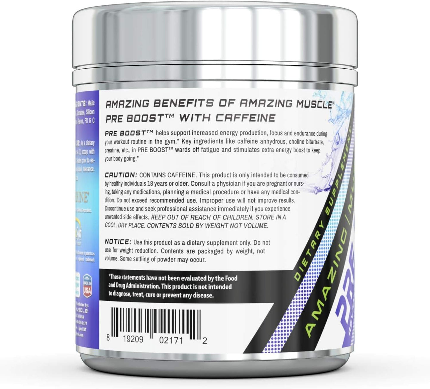 Amazing Nutrition Muscle Pre Boost Formula: Caffeine Supplement, 20 Servings, Blue Raspberry Flavor