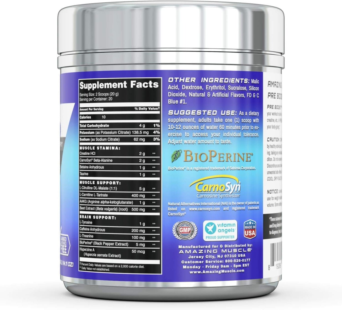 Amazing Nutrition Muscle Pre Boost Formula: Caffeine Supplement, 20 Servings, Blue Raspberry Flavor